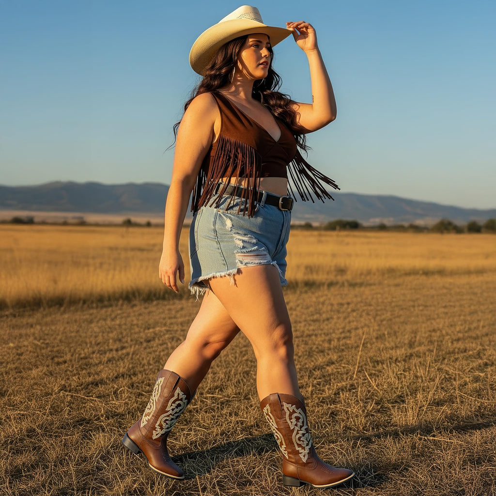 SheSole Extra Wide Calf Cowgirl Boots with Removable Cushion - Western Cowboy Style with Roomy Square Toe & Hidden Elastic Panel to Step into Confidence