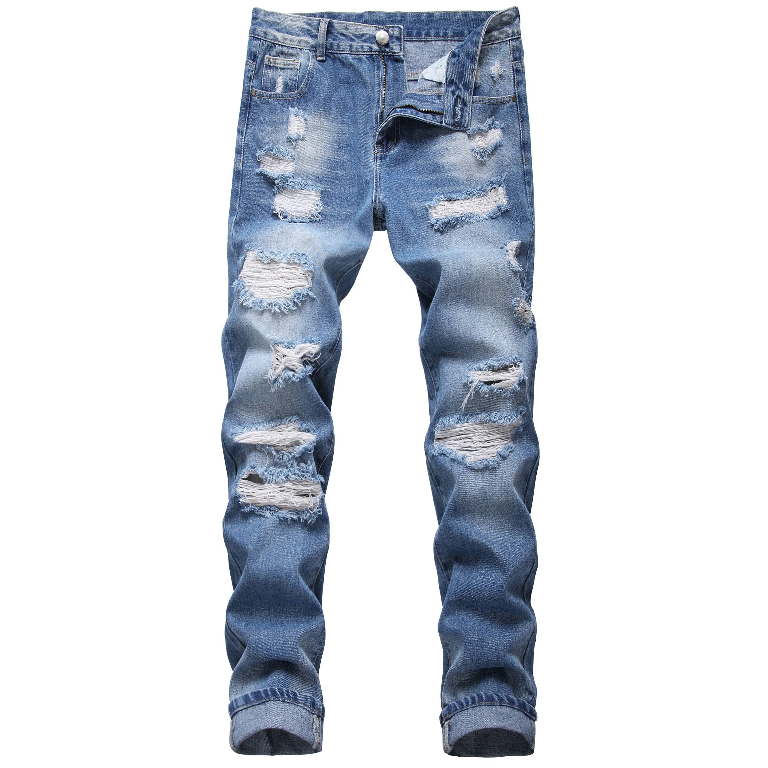 DANT BULUN Men's Ripped Distressed Destroyed Slim Fit Straight Leg Denim Jeans