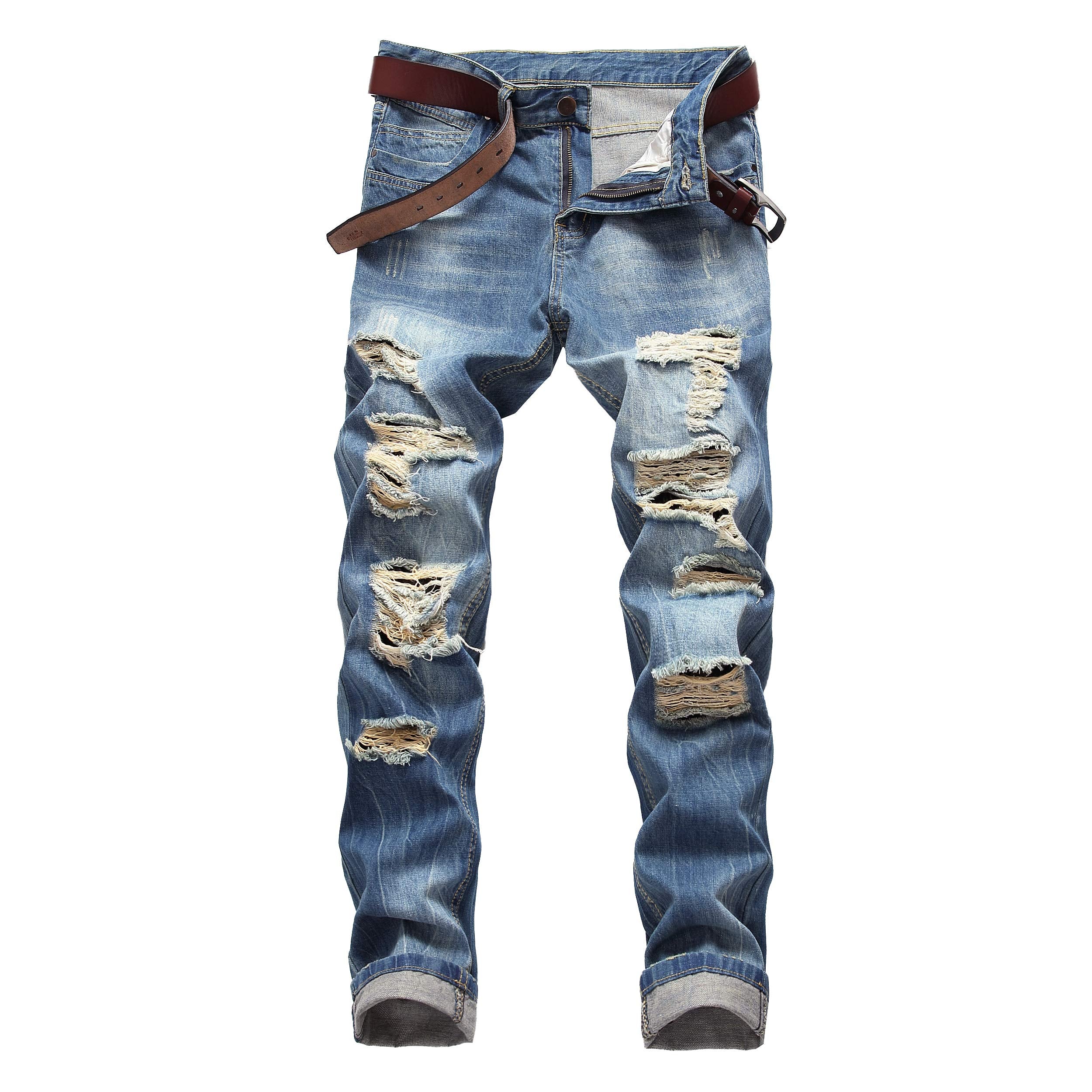 DANT BULUN Men's Ripped Distressed Destroyed Slim Fit Straight Leg Denim Jeans