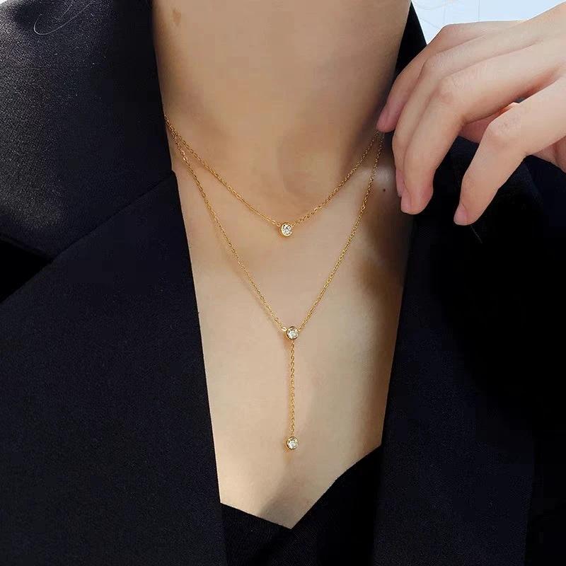 Single rhinestone Zircon Tassel Titanium Steel Necklace For Women