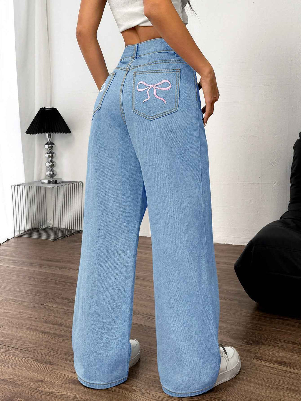 Embroidered Wide Leg Jeans with Bow Back