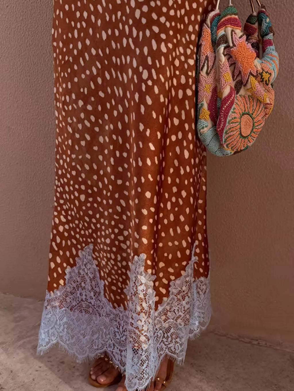 Brown Polka Dot Sleeveless Top and Lace Detail Skirt Set