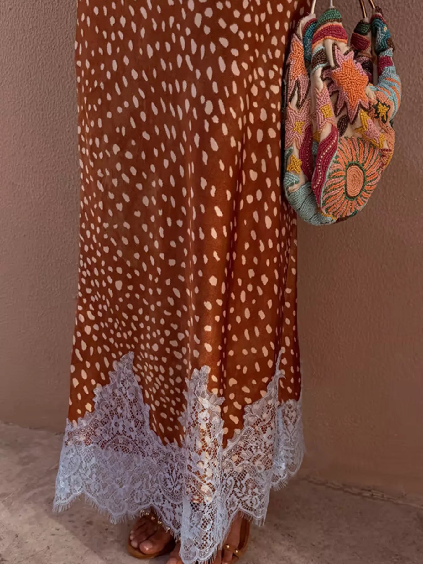Brown Polka Dot Sleeveless Top and Lace Detail Skirt Set