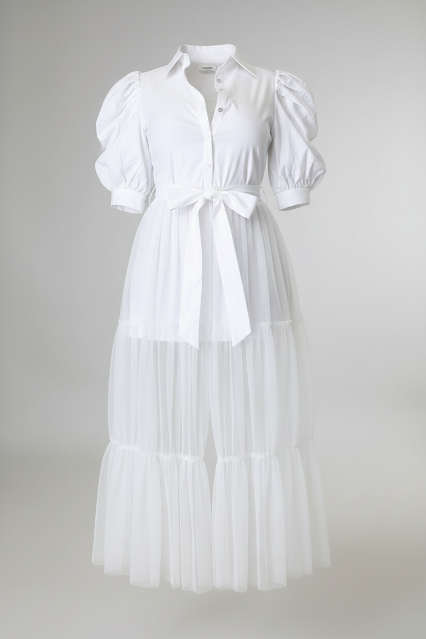 White Puff Sleeve Shirt Dress
