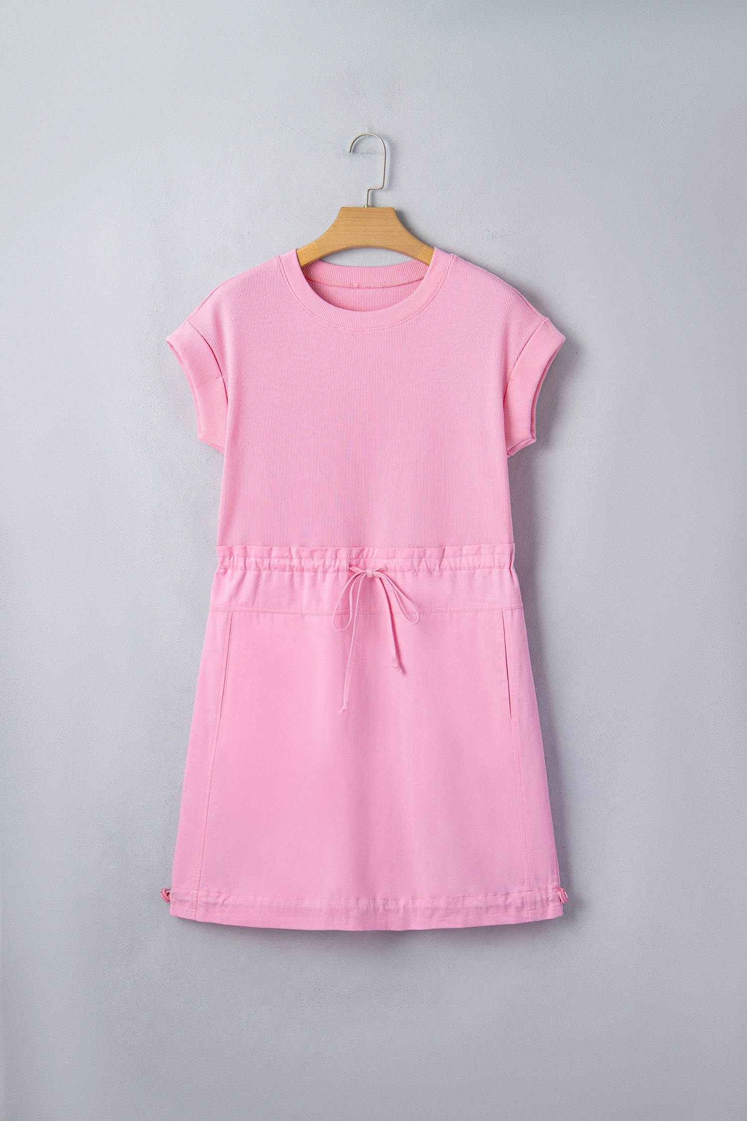 Bonbon Cuffed Short Sleeve Mix Fabric Patchwork Drawstring Mini Dress