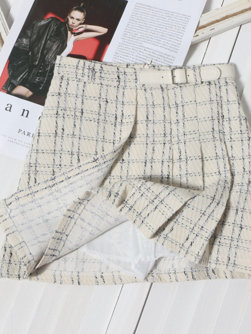 Women's Pleated Plaid Mini Skirt with Buckle Detail