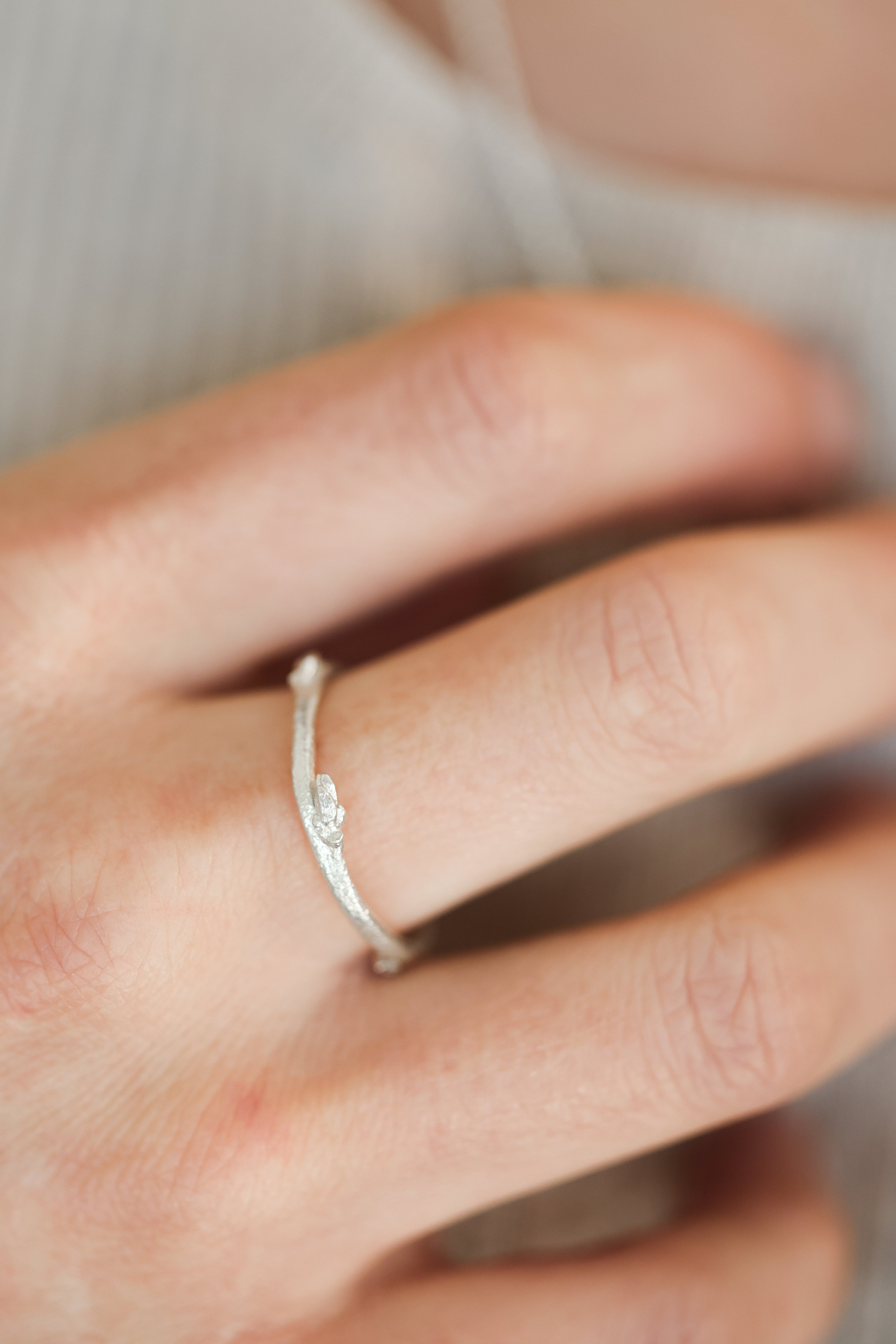 Budding twig ring Size 8, stackable rings, Maine forest botanical jewelry, recycled sterling silver, hand carved