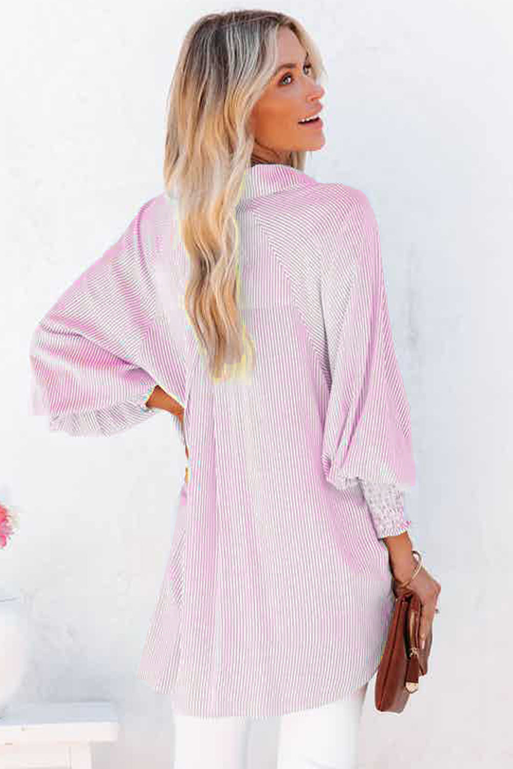 Sky Blue Smocked Cuffed Striped Boyfriend Women's Blouse with Pocket