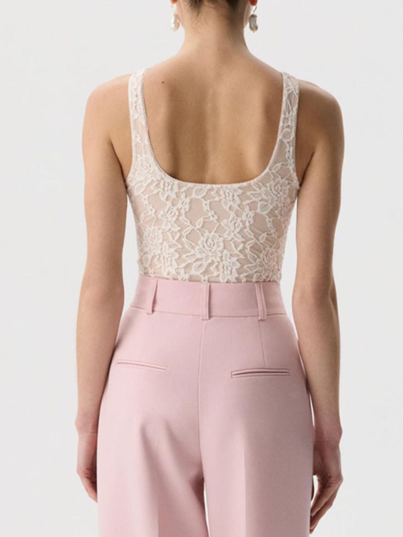 Women's Sheer Floral Lace Round Neck Tank Top in Ivory