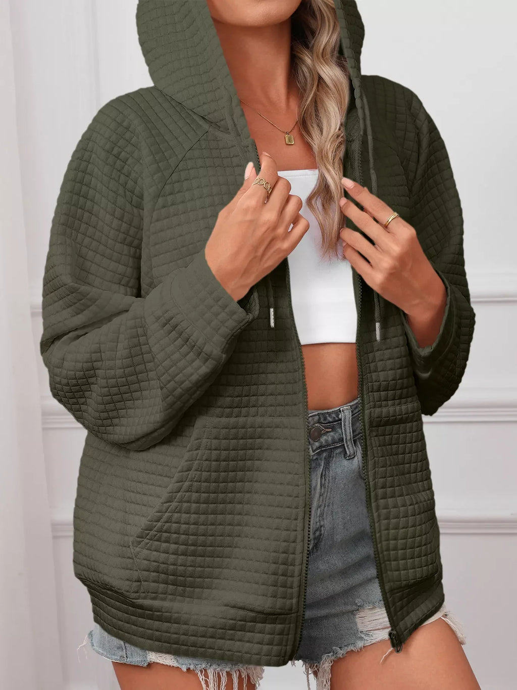 White Quilted Zip-Up Hooded Jacket with Drawstring