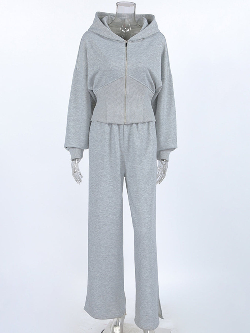 Zip Up Hoodie & Wide Leg Pants Set Heather Gray