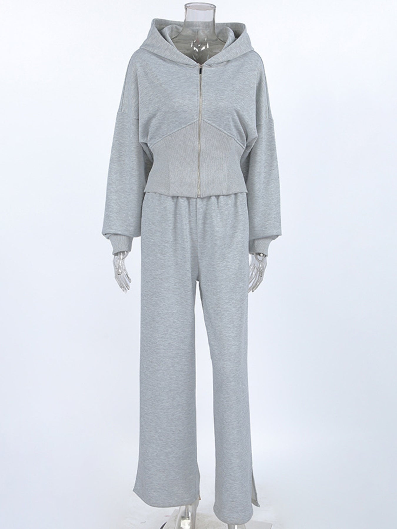 Zip Up Hoodie & Wide Leg Pants Set Heather Gray