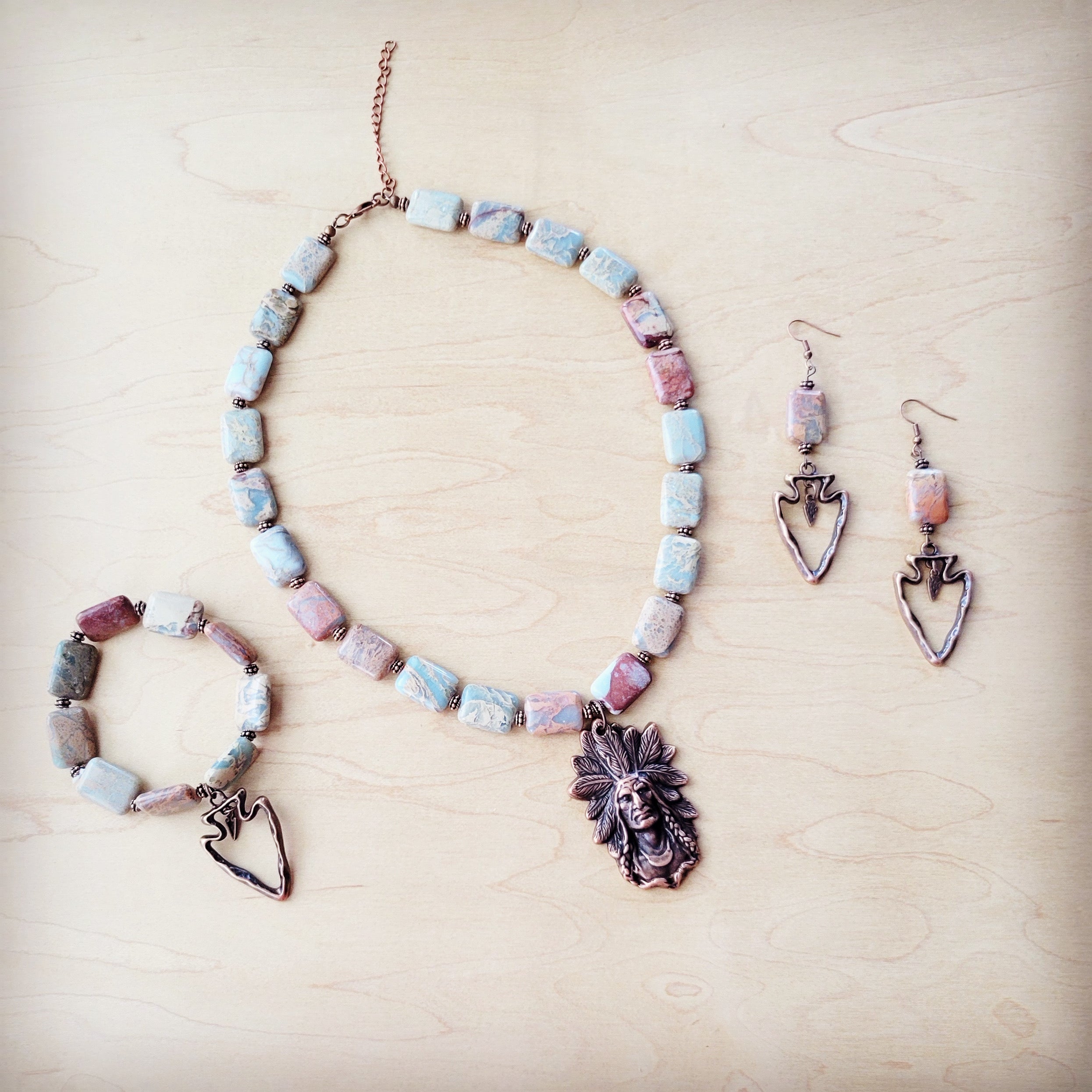 Copper Arrow Earrings w/ Genuine Aqua Terra Beads 225p