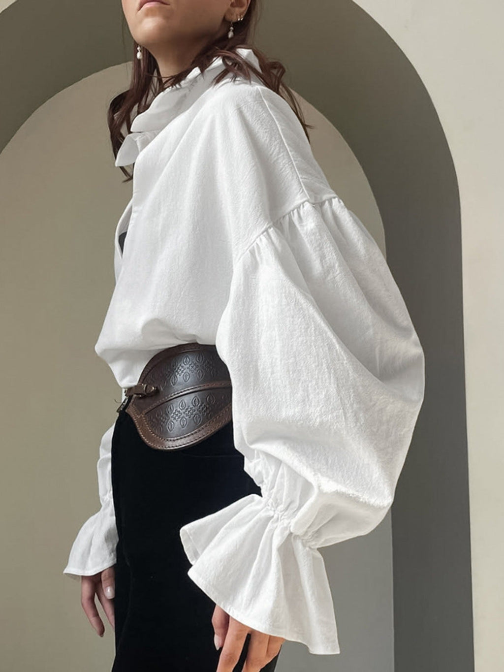 White Notched Flounce Sleeve Blouse