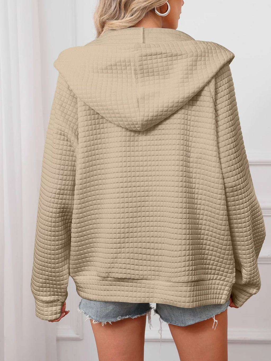 White Quilted Zip-Up Hooded Jacket with Drawstring