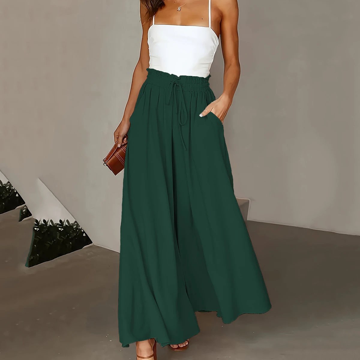 Plus Size Wide Leg Pants - Stylish Solid Paper Bag Waist Design, Elegant Pocket Tie Front, Loose Fit For Comfort, Perfect For Spring & Summer, Women's Fashionable Clothing For Curvy Figures