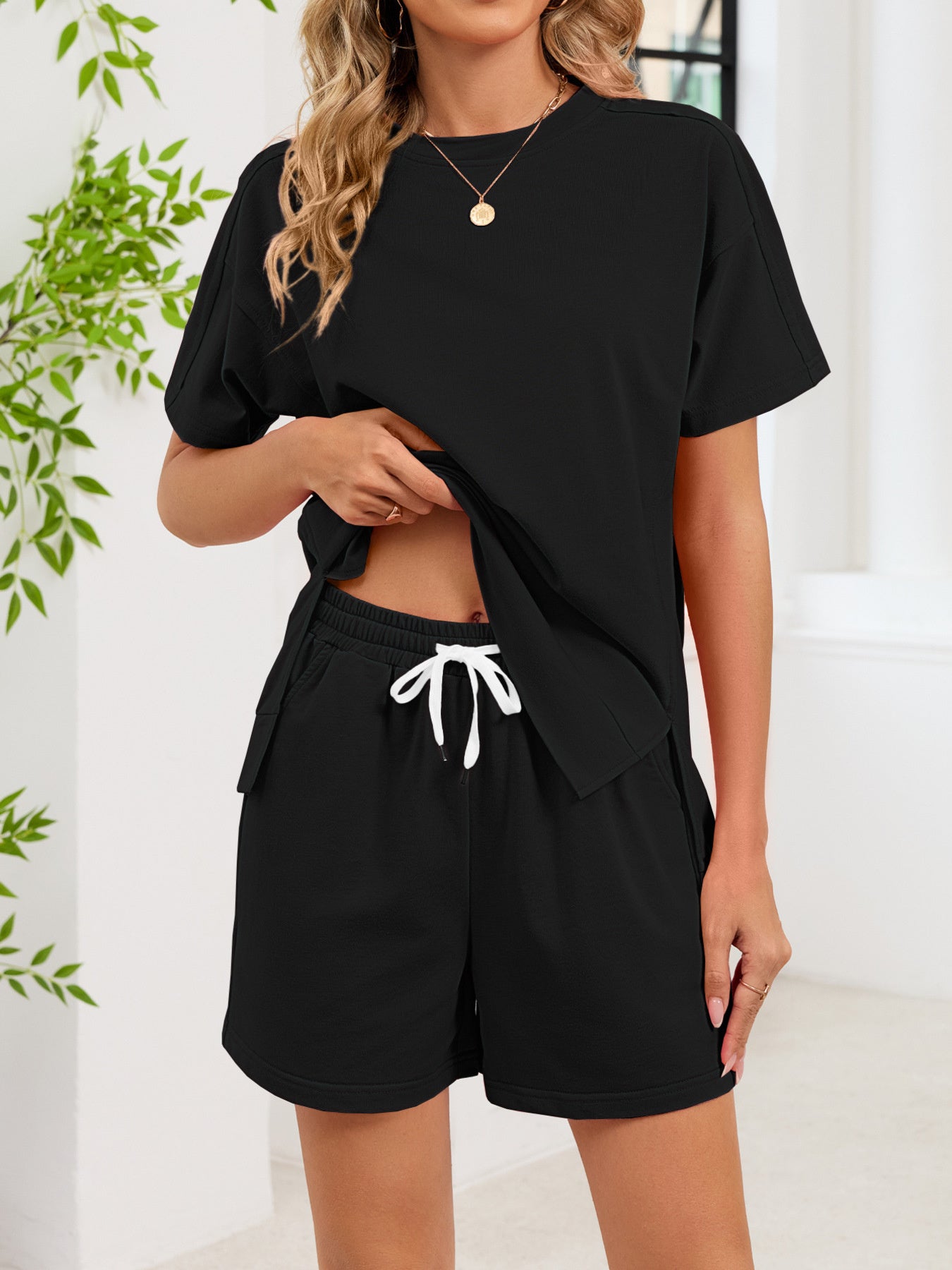 Women's Round Neck Short Sleeve T-Shirt and Shorts Lounge Set