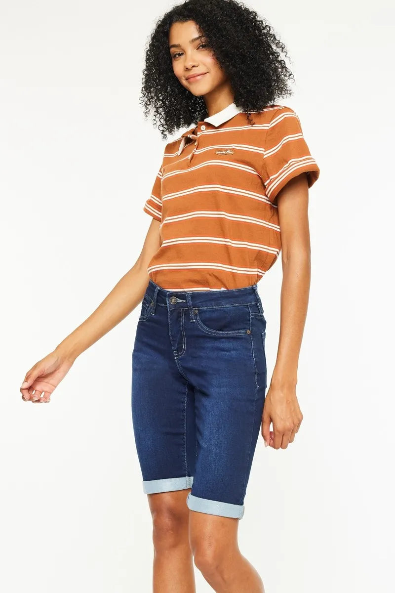 Kancan Mid Rise Bermuda Denim Shorts – Pocketed Slightly Stretchy