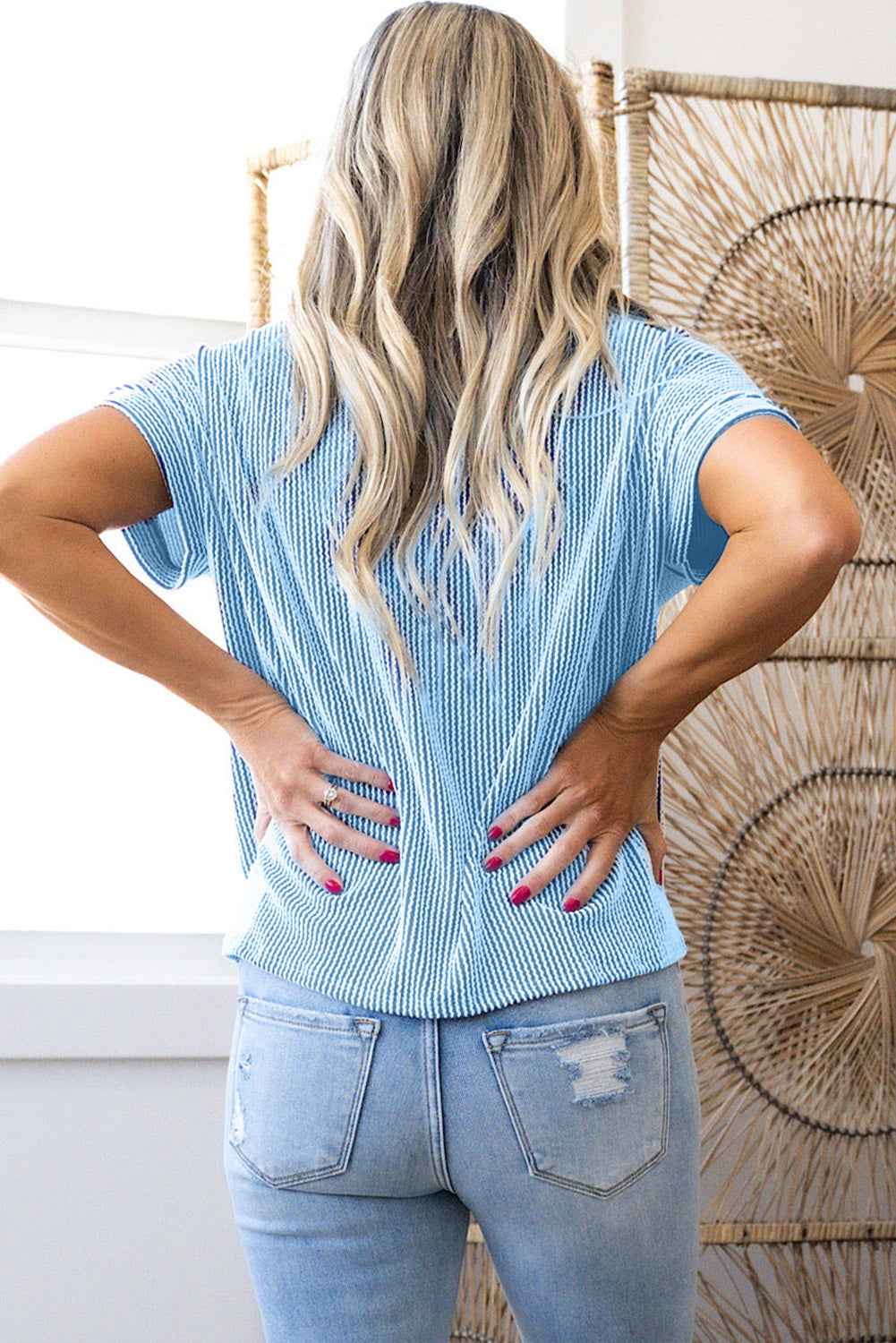 Light Blue Corded Color block Pocket Crew Neck Women's T-Shirt
