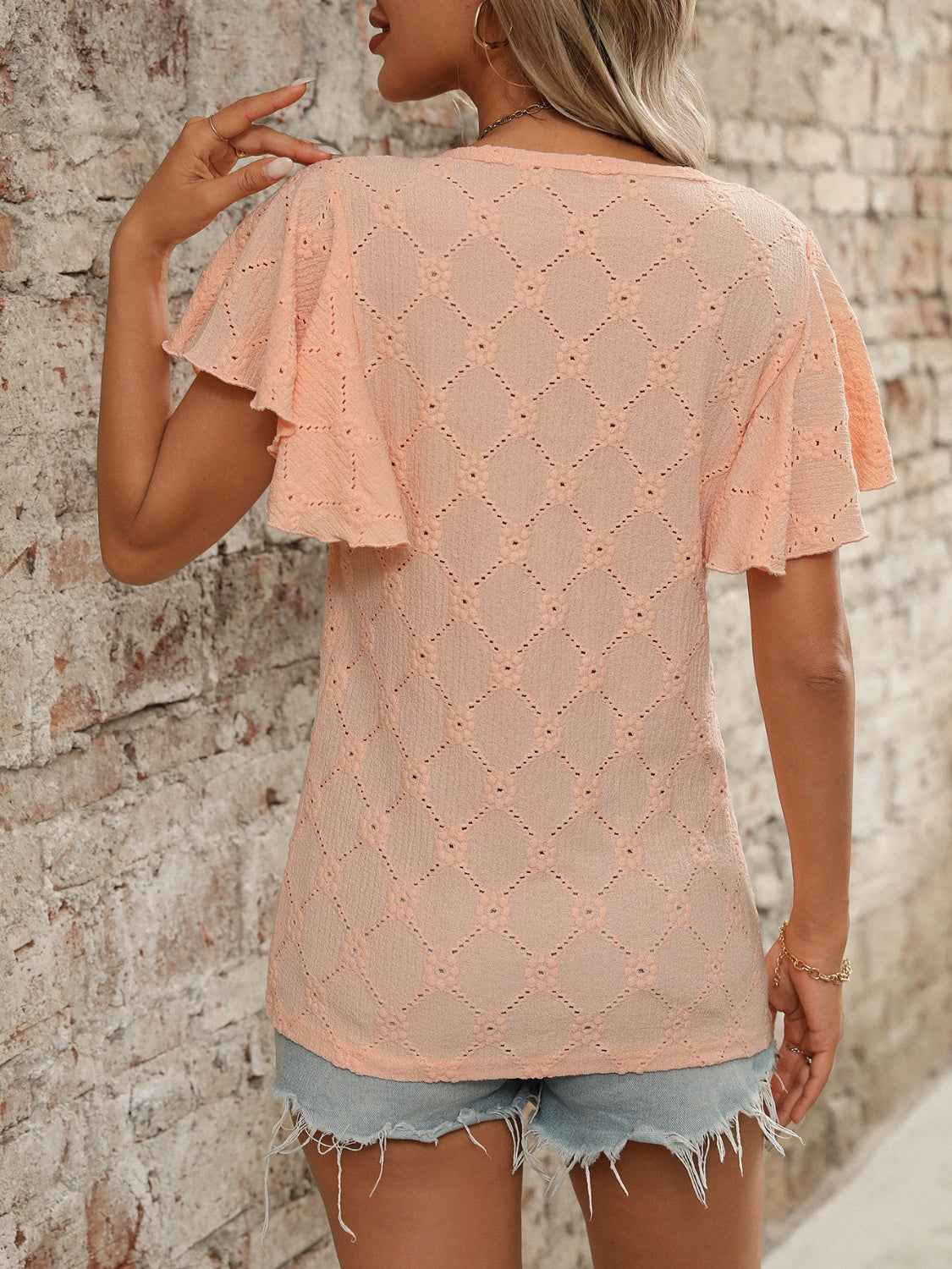 Eyelet Flutter Sleeve Round Neck Top