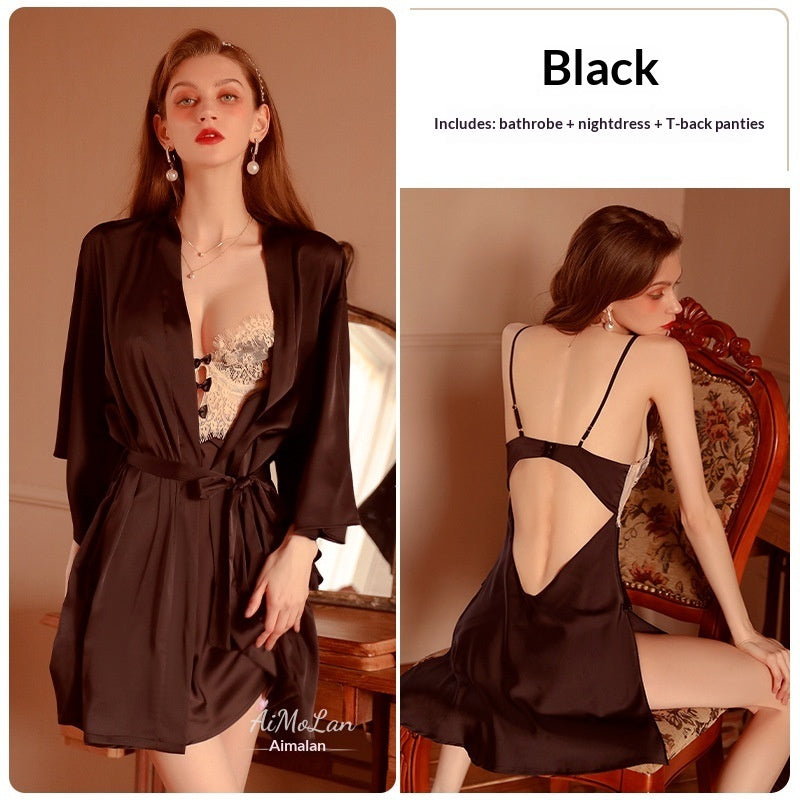 Womens Plus-Size Lace Ice Silk Underwire Camisole Bathrobe Set See size chart under “more details”