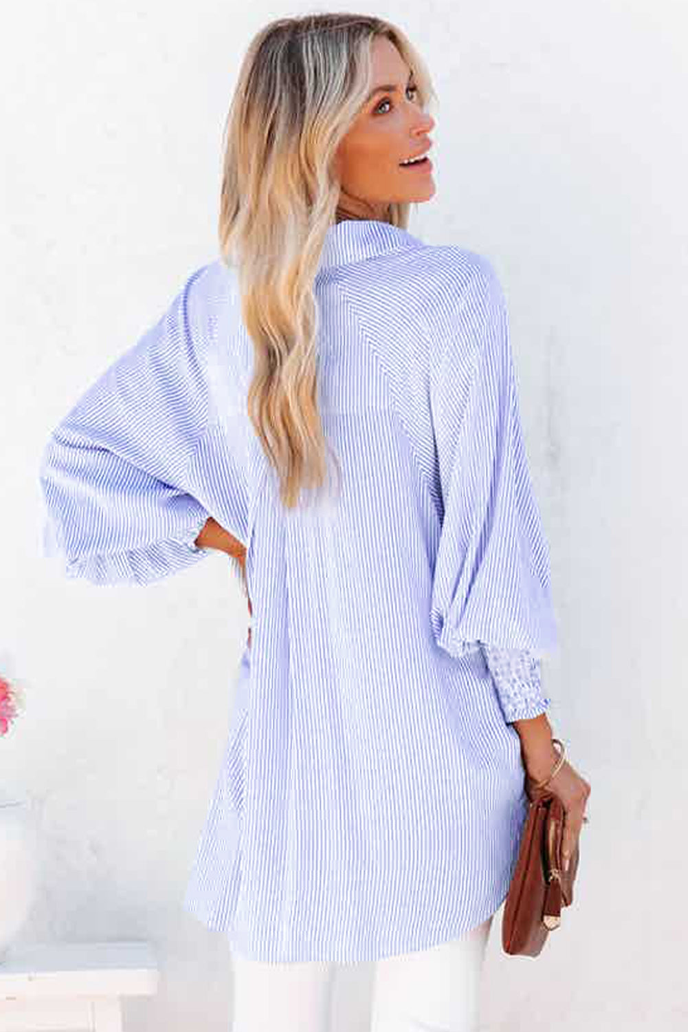 Sky Blue Smocked Cuffed Striped Boyfriend Women's Blouse with Pocket
