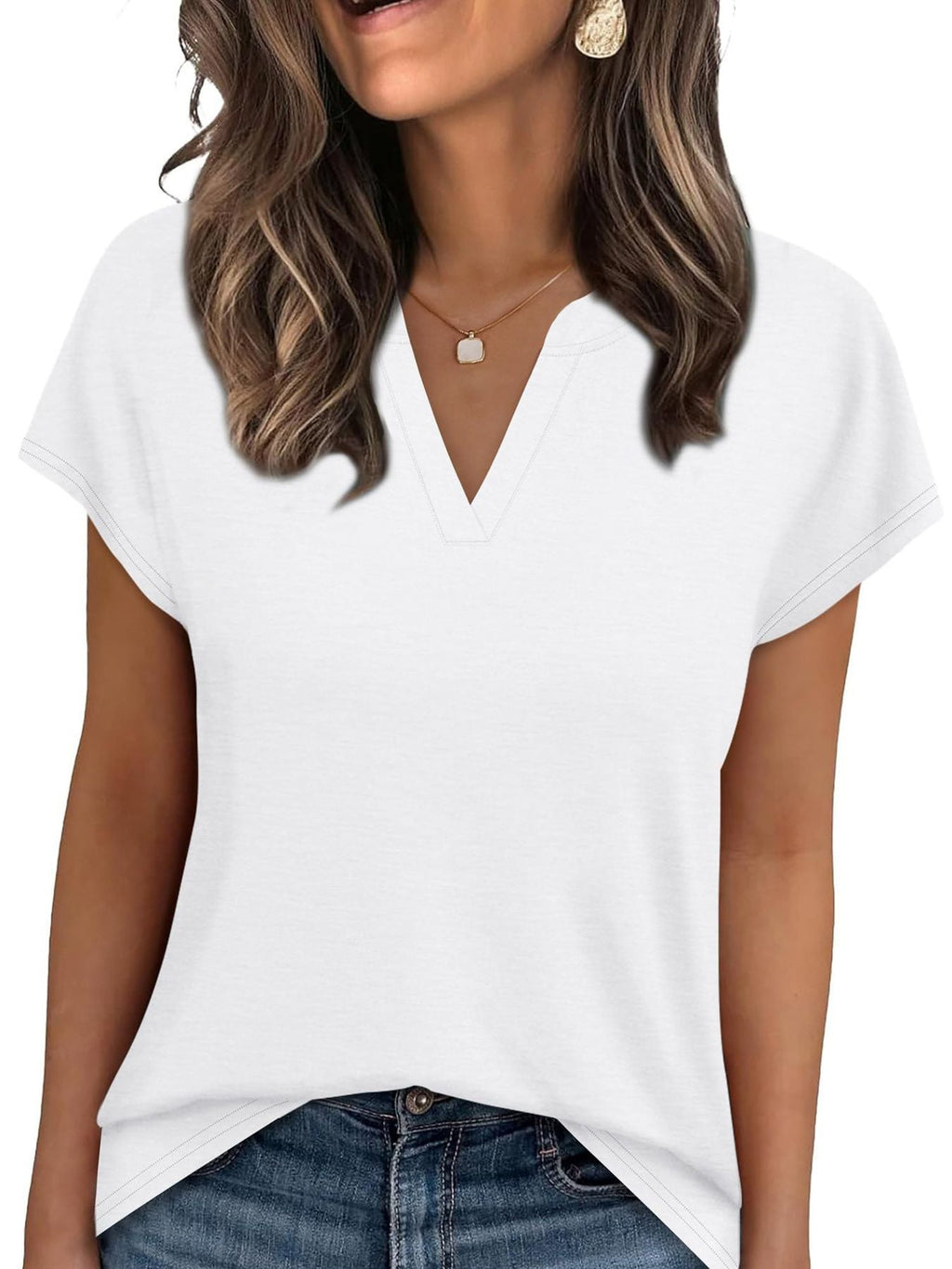 Women's Blue Notched Neck Short Sleeve Basic T-Shirt