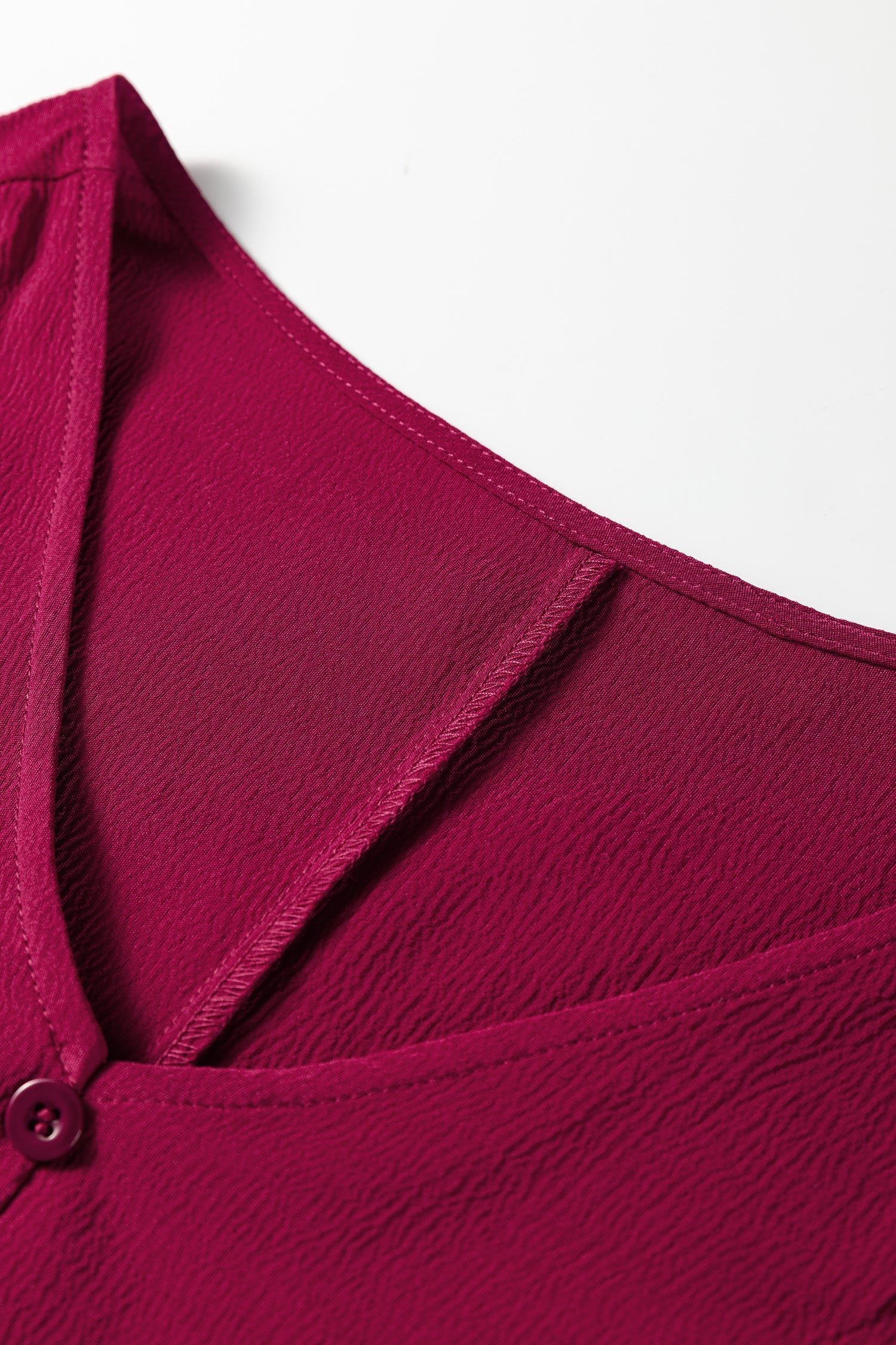 Burgundy Solid Long Sleeve Button V Neck Tiered Maxi Dress