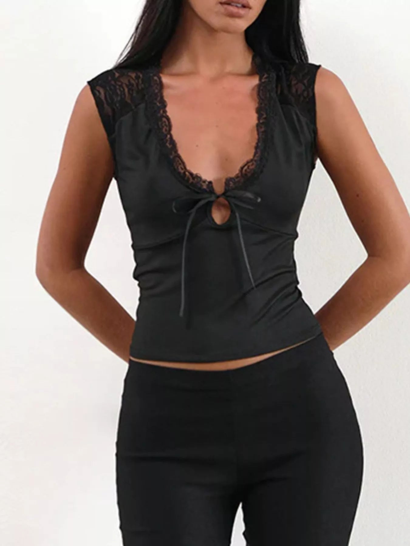 White Sleeveless V-Neck Tank Top with Lace Trim and Front Tie