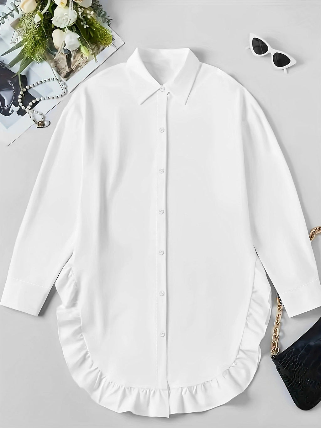 Hem Ruffled Casual Long Sleeve Shirt See size chart under “more details”