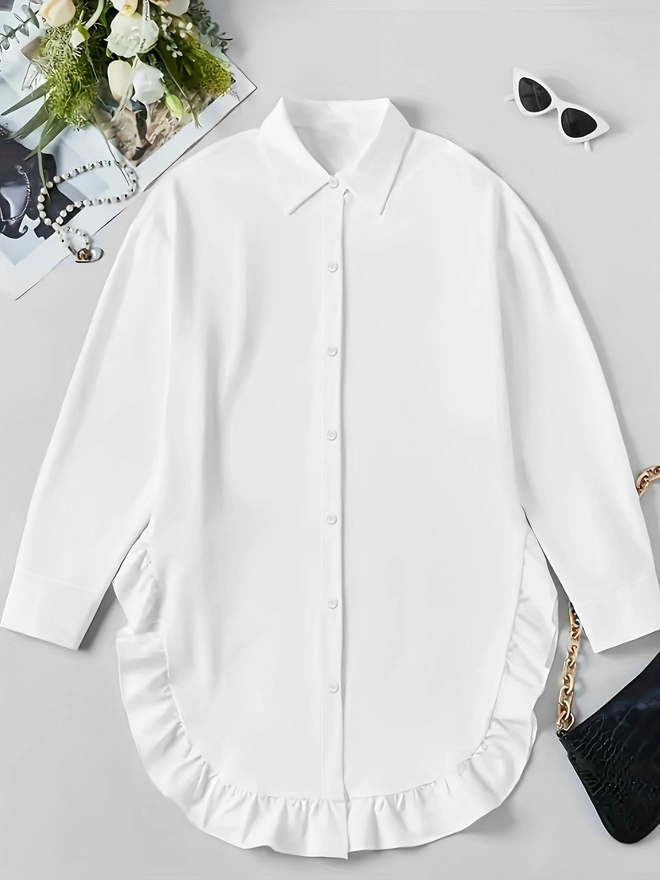 Hem Ruffled Casual Long Sleeve Shirt See size chart under “more details”