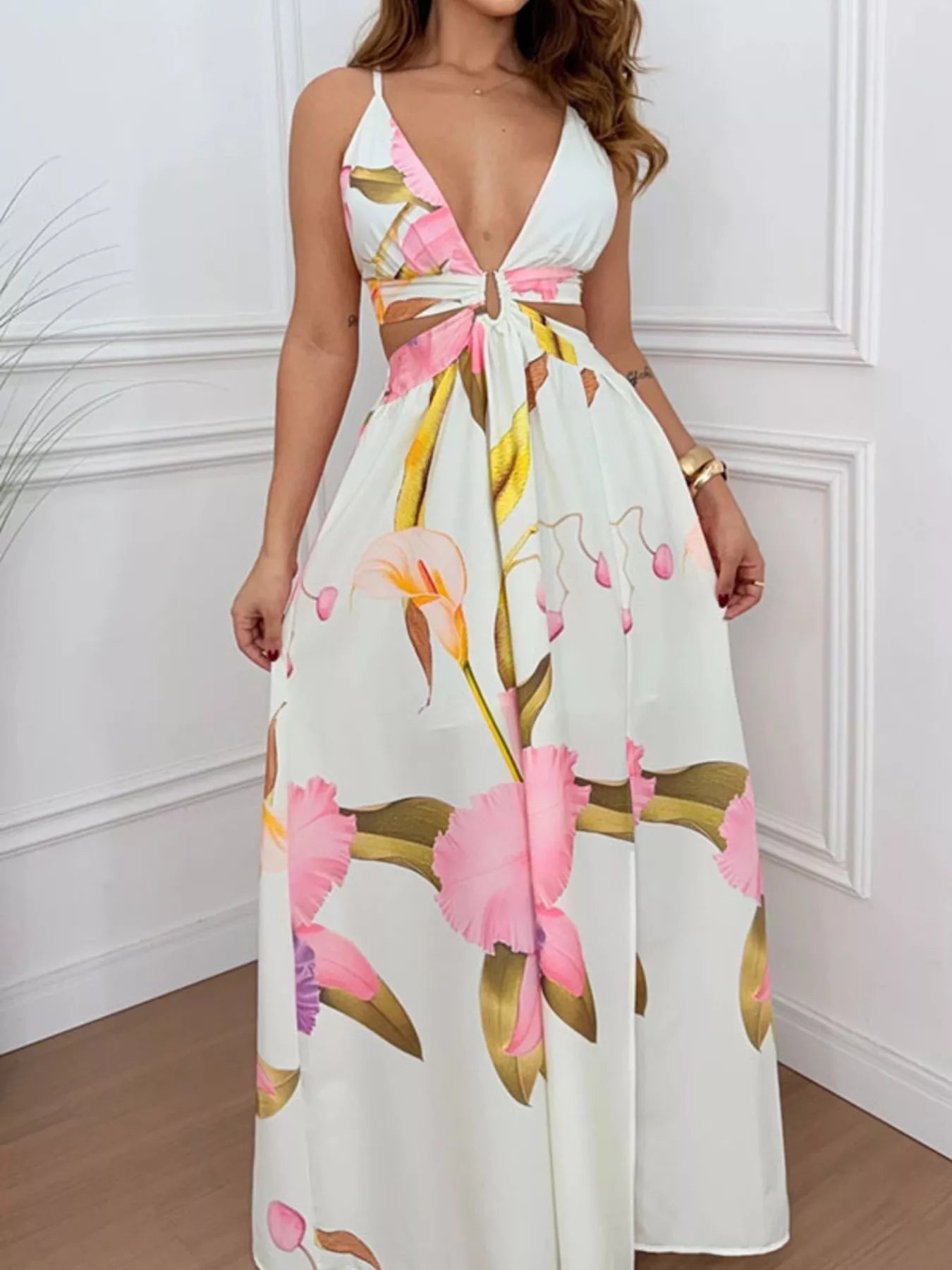 Tropical Print Cutout Maxi Dress with Front Slit