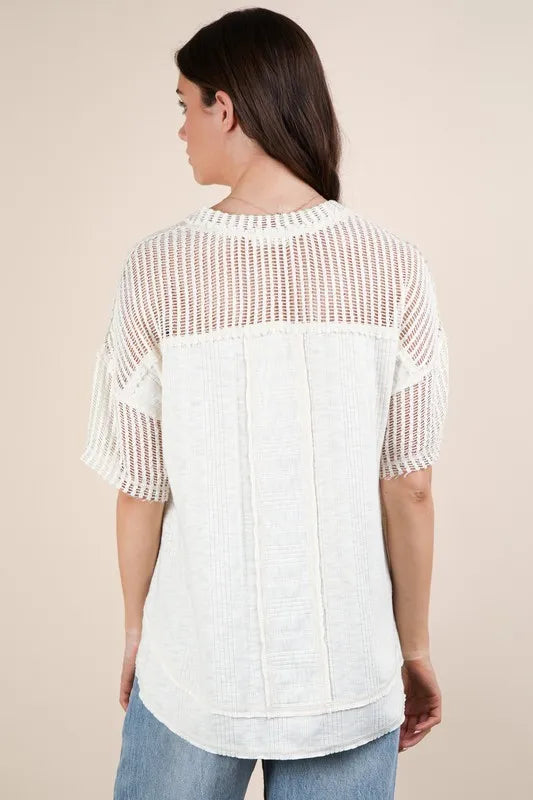 VERY J Full Size Oversized Contrast Knit Comfy Casual Top Plus Size