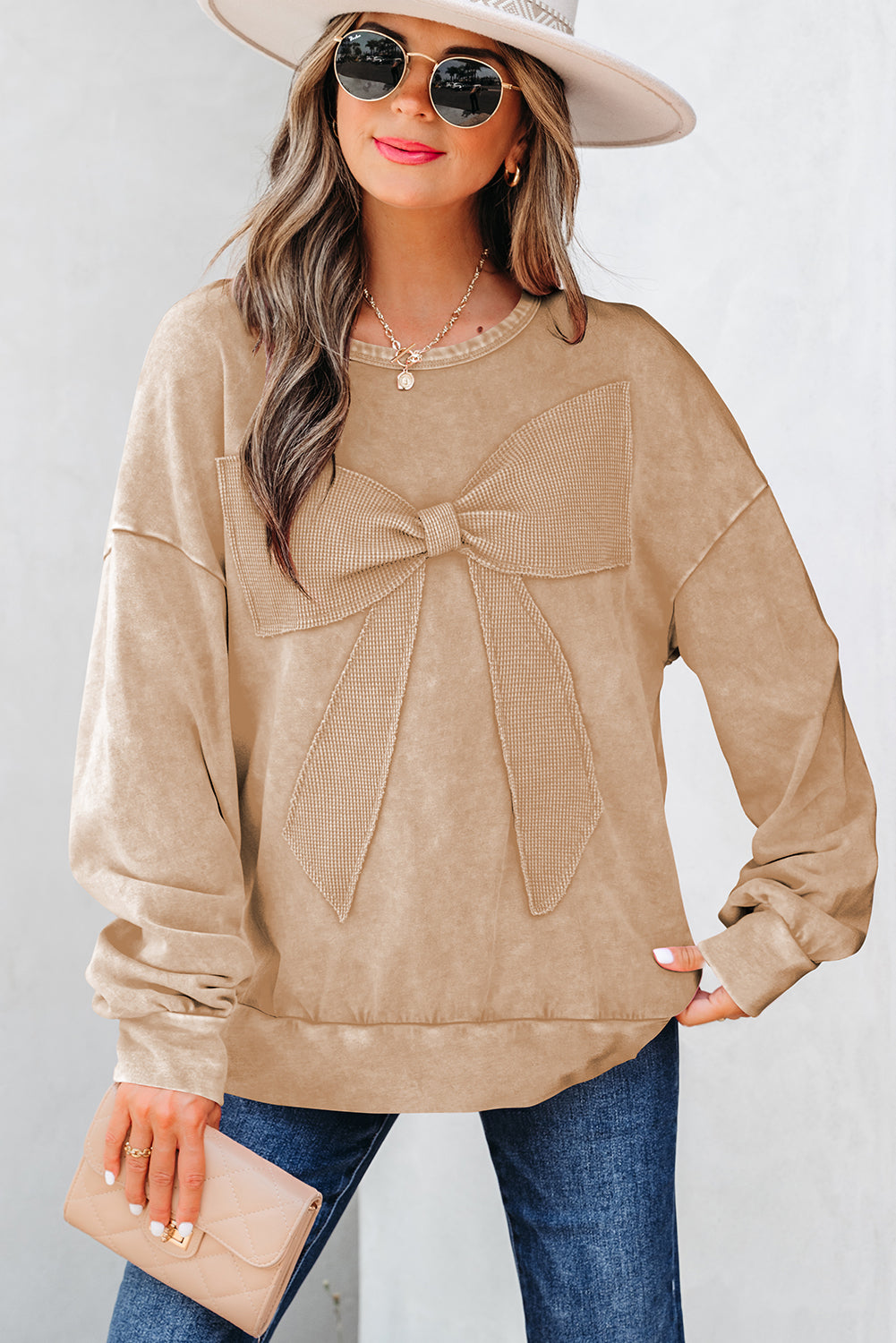 Light French Beige Mineral Wash Big Bow Patchwork Pullover Women's Sweatshirt