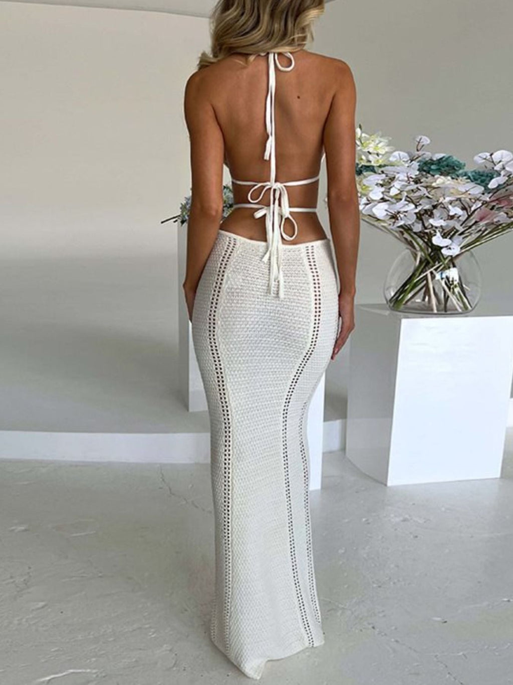 Yellow Halter Neck Cutout Knitted Maxi Dress