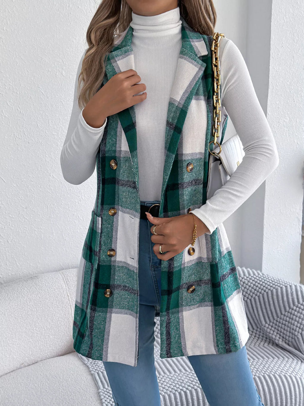 Women's Plaid Double-Breasted Vest Coat in Camel and White