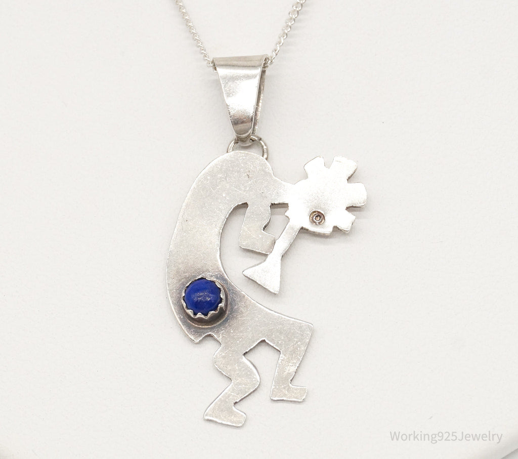 Vintage Native America Lapis Lazuli Dancing Kokopelli Sterling Silver Necklace