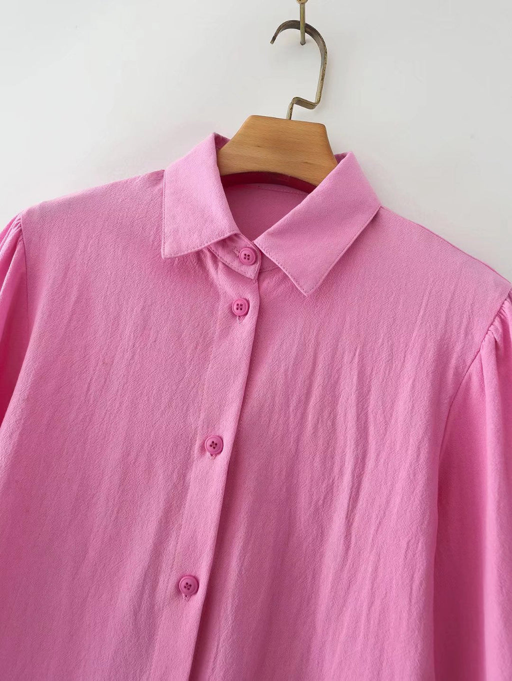 For Polo Collar Solid Color Single-Breasted Lantern Sleeve Cotton Long-Sleeved Shirt For Women