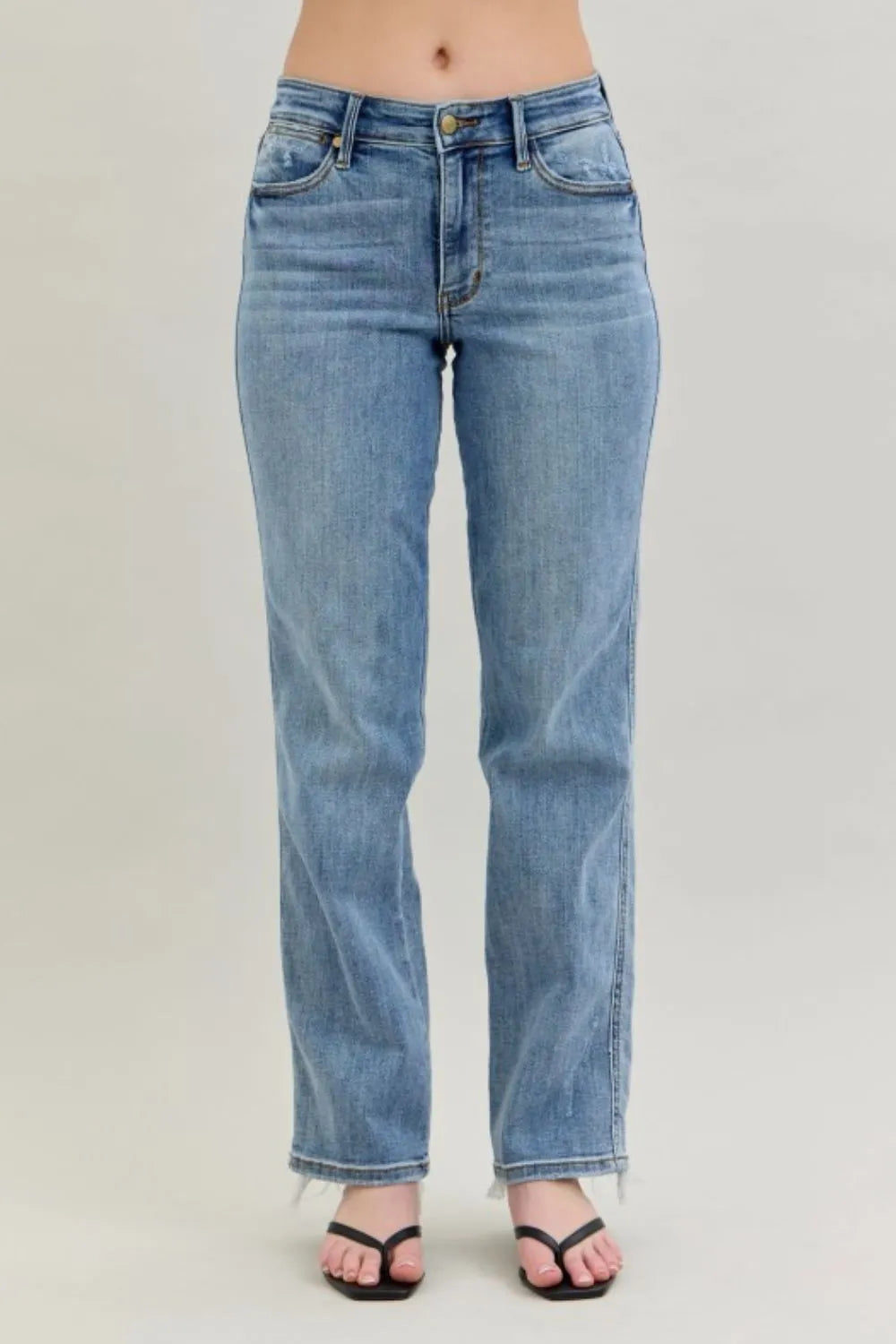 Judy Blue Women Frayed Hem Dad Jeans With Cell Phone Pocket High Waist Straight Leg Comfort