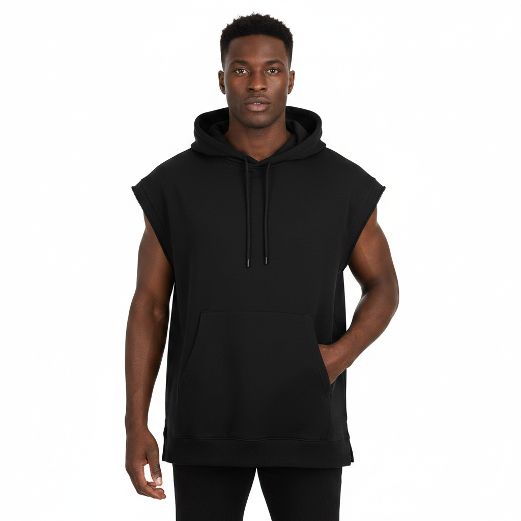 Men's Cropped Sleeved  Hoodie -Black