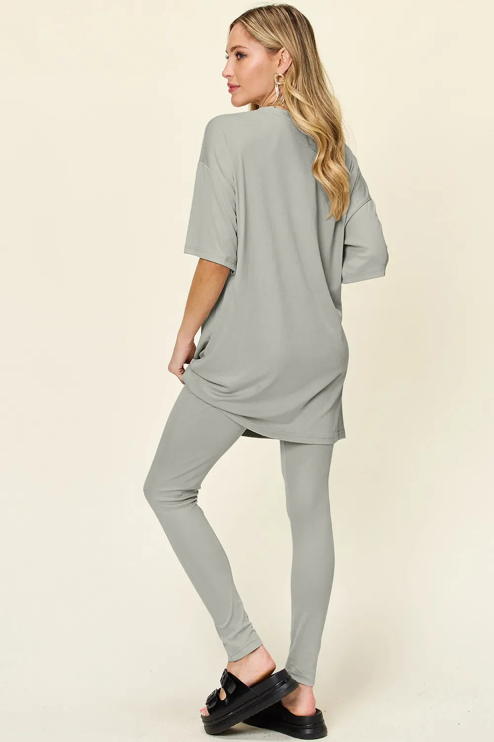 Women Two Piece T Shirt And Leggings Set With Dropped Shoulder Round Neck Full Size Comfortable Everyday Casual