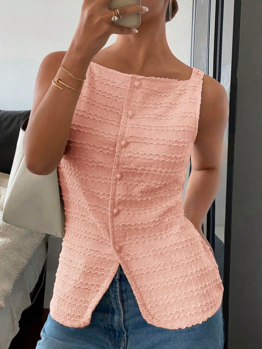Women's Textured Button-Front Knit Tank Top