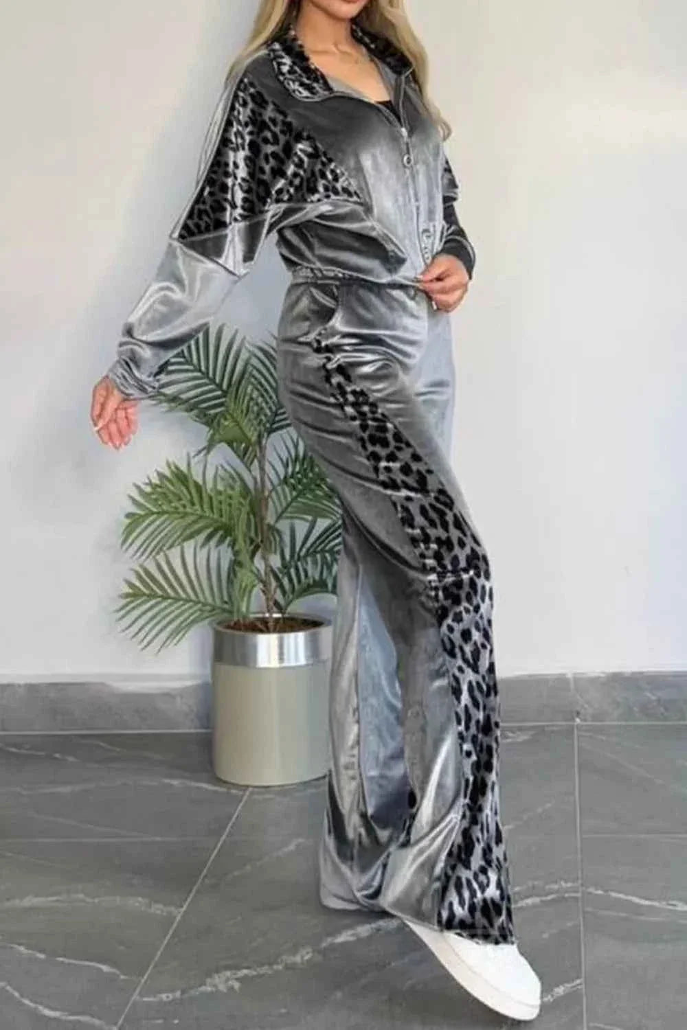 Full Size Collared Neck Leopard Zip Up Sweatsuit Plus Size