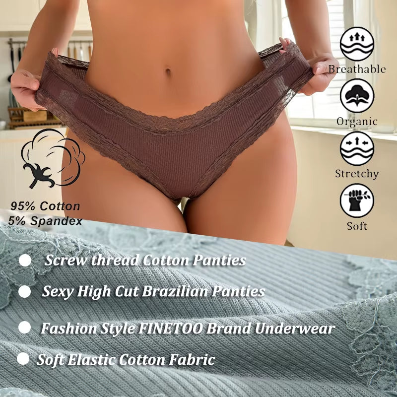 5Pcs/Set Women Lace Seamless Cotton Panties Sexy Brazilian Pants Ribbed Breathable Girls Underwear Soft plus Size Lingerie S-XL