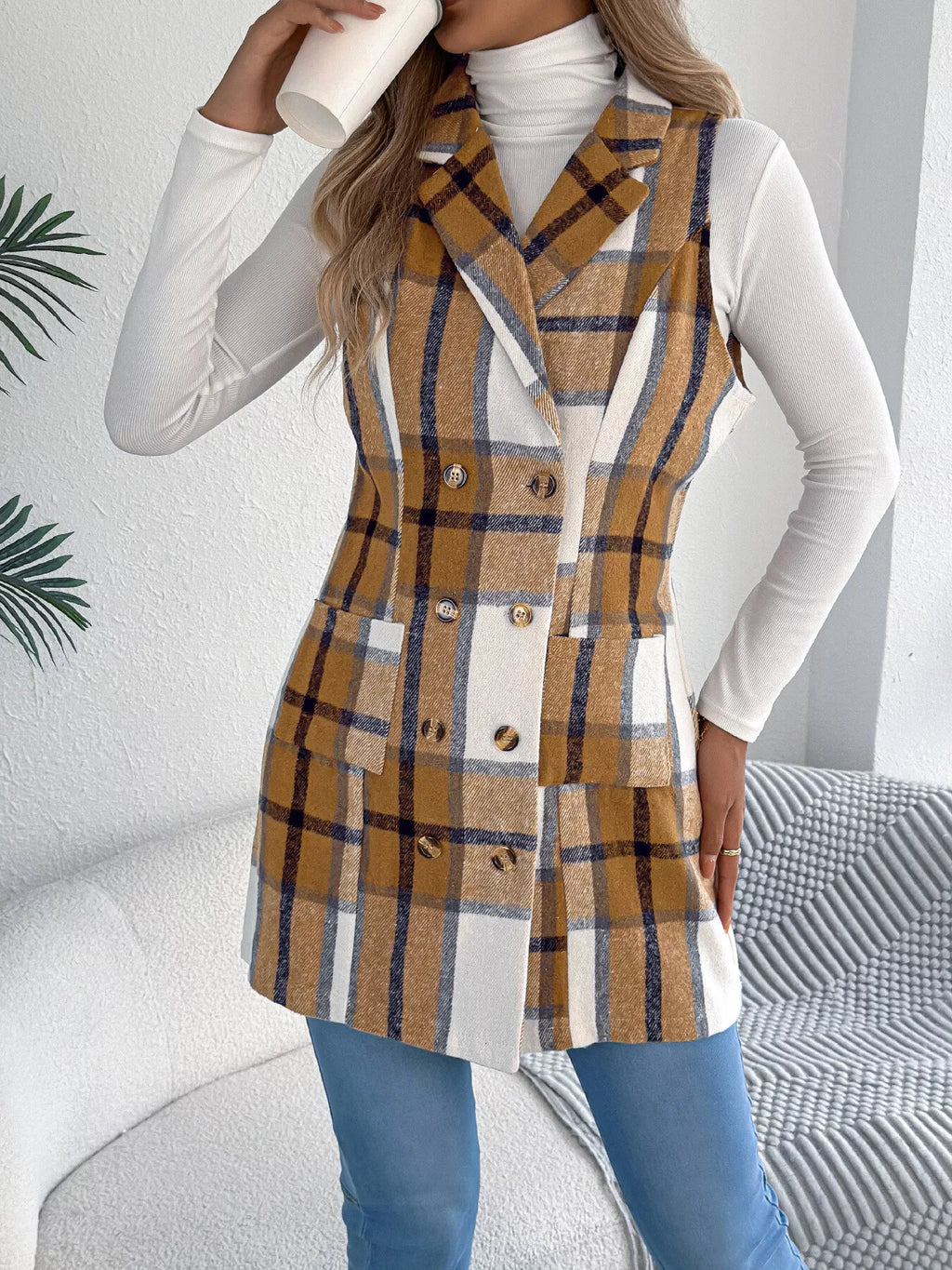 Women's Plaid Double-Breasted Vest Coat in Camel and White