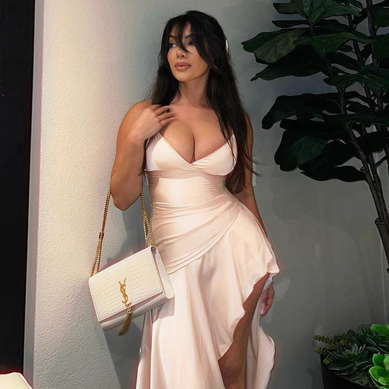 V-neck Asymmetric Ruffled Side Slit Sling Dress