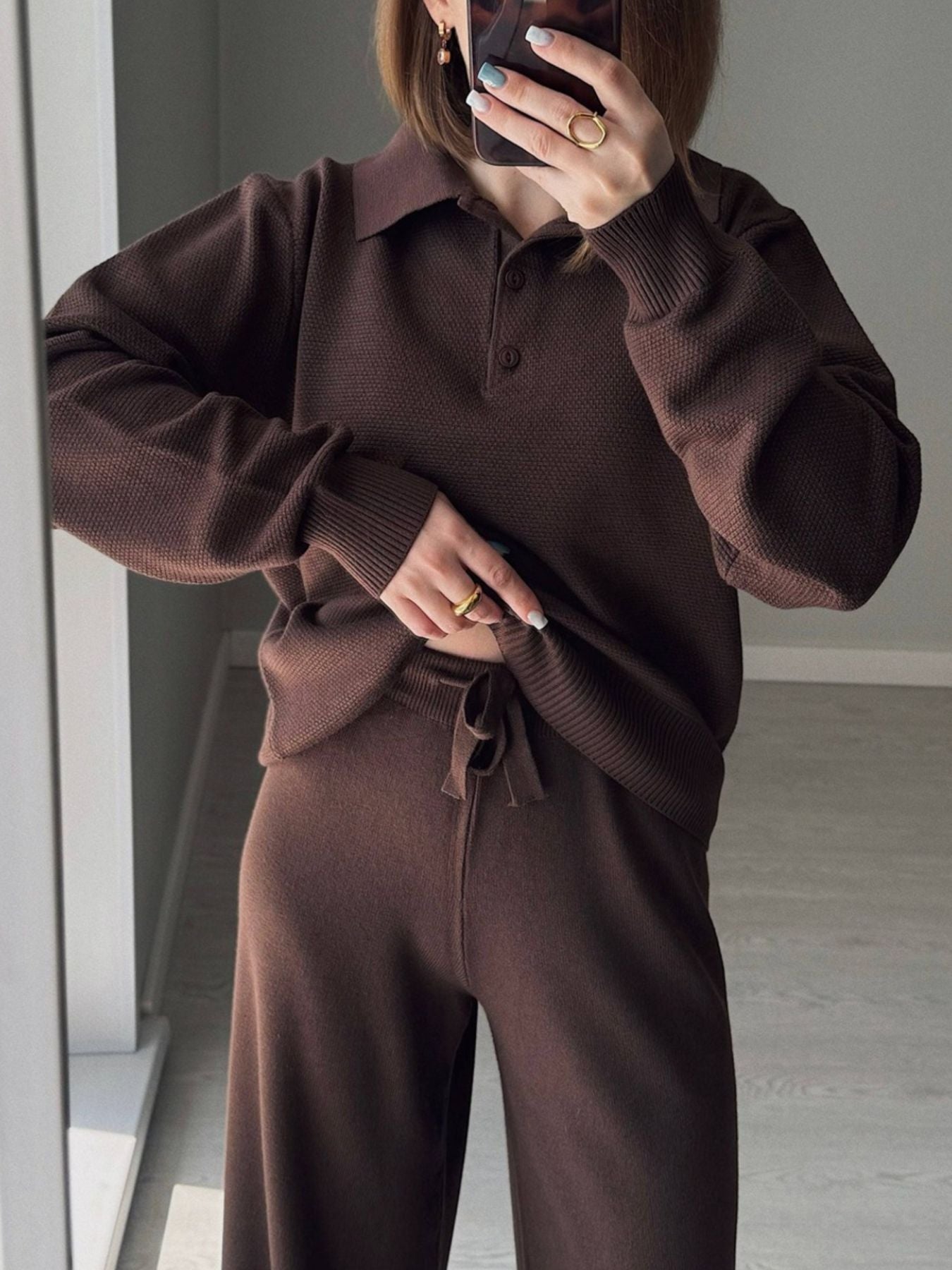 Women's Knit Polo Top and Wide Leg Pants Two-Piece Set