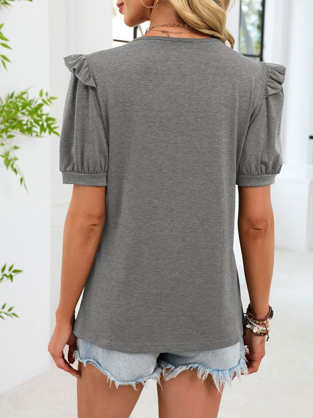 Women's Solid Color Ruffled Short Sleeve Crew Neck T-Shirt