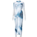 Mesh Print Round Neck Long Dress