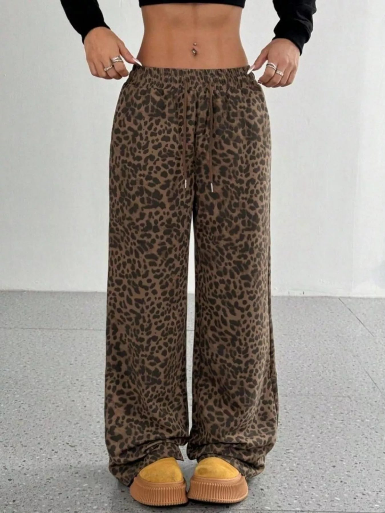 Women's Leopard Print Drawstring Wide Leg Pants Comfy Casual
